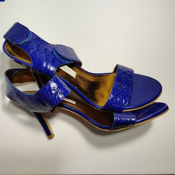 Cynthia Vincent Strappy Open Toe Heel Pumps Faux Reptile Skin Patent Leather - Picture 8 of 8